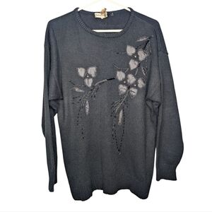 Vintage Sweater Medium black Floral Embroidered Beaded Pullover